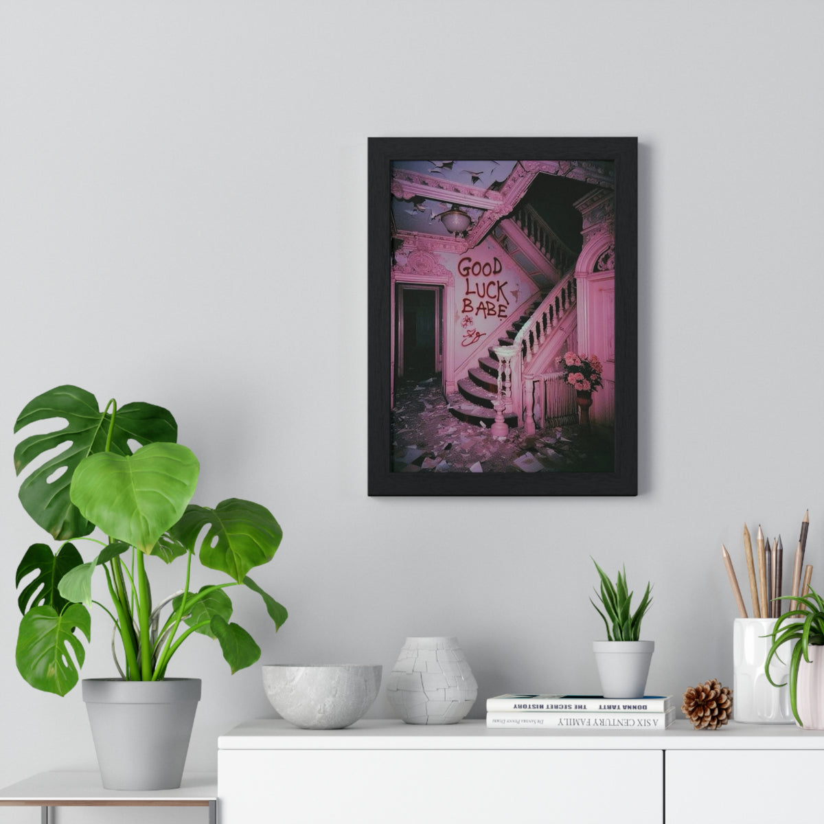 'Good Luck Babe' Pink Abandoned Staircase Framed Art Poster | Moody Aesthetic Wall Art
