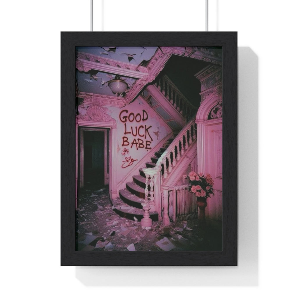 'Good Luck Babe' Pink Abandoned Staircase Framed Art Poster | Moody Aesthetic Wall Art