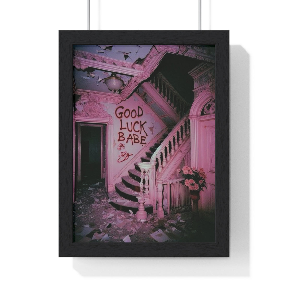 'Good Luck Babe' Pink Abandoned Staircase Framed Art Poster | Moody Aesthetic Wall Art
