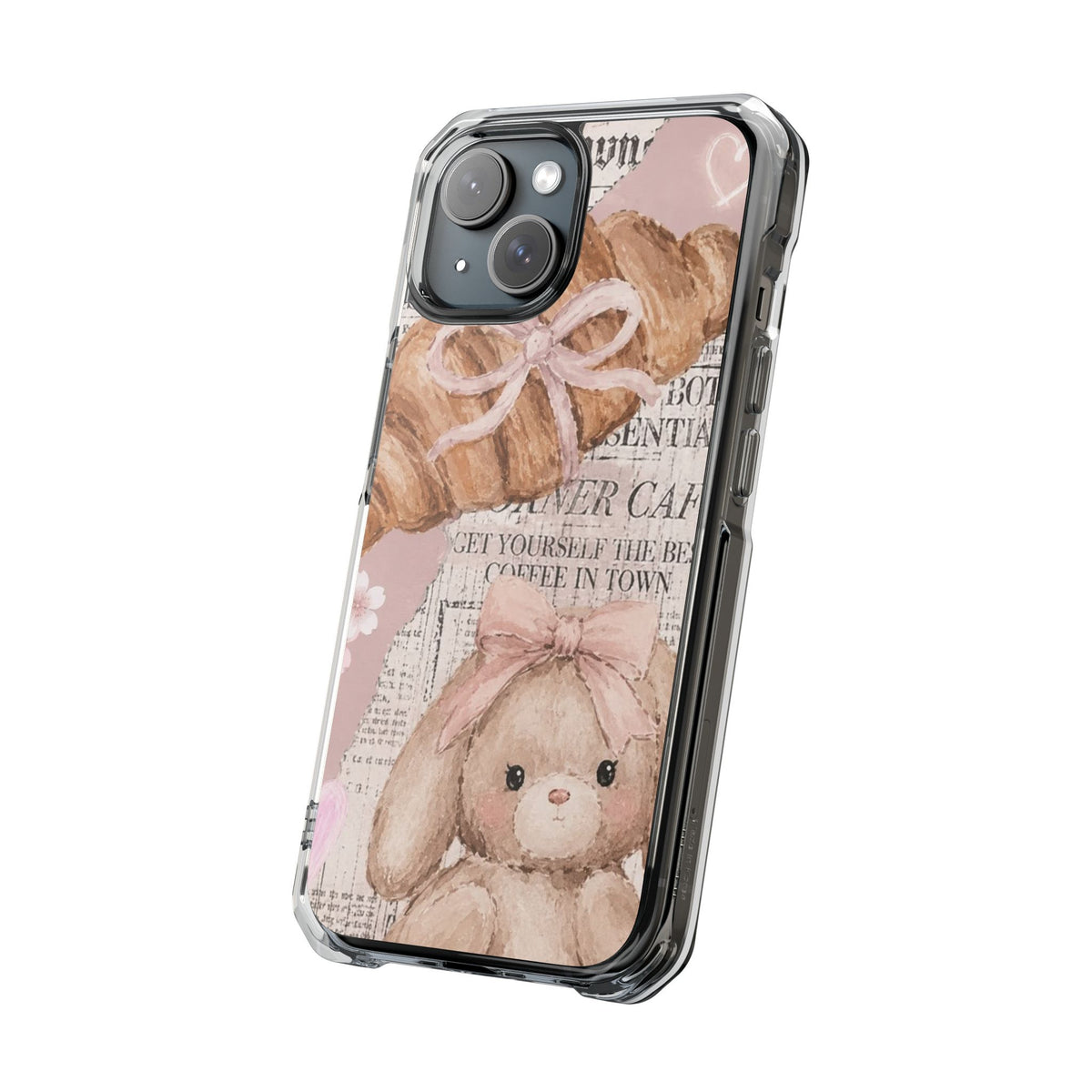 Cute Bunny & Newspaper Collage Phone Case 🎀🦸 | Soft Aesthetic Bow Teddy Bear Cover