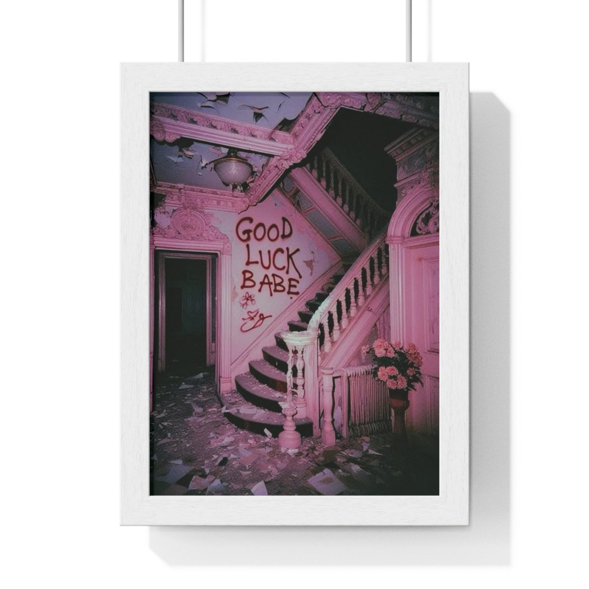 'Good Luck Babe' Pink Abandoned Staircase Framed Art Poster | Moody Aesthetic Wall Art