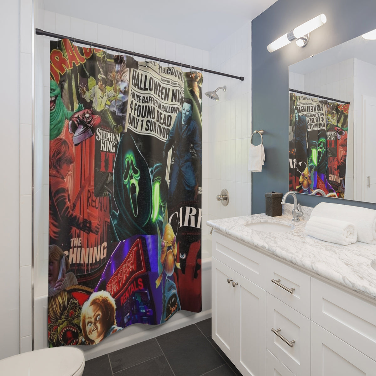 Horror Movie Collage Shower Curtain – Spooky Halloween Bathroom Decor🧡🔪🎃