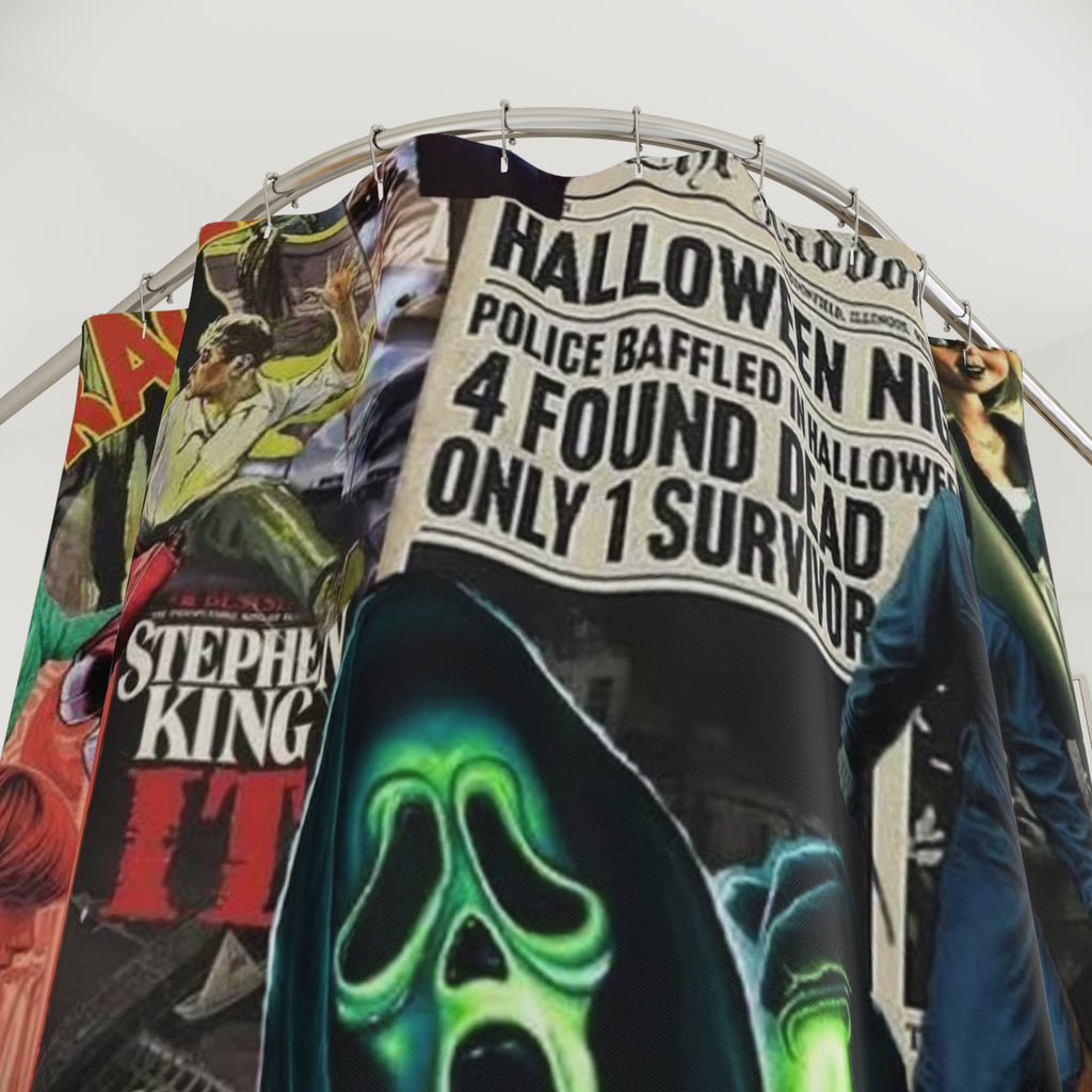 Horror Movie Collage Shower Curtain – Spooky Halloween Bathroom Decor🧡🔪🎃
