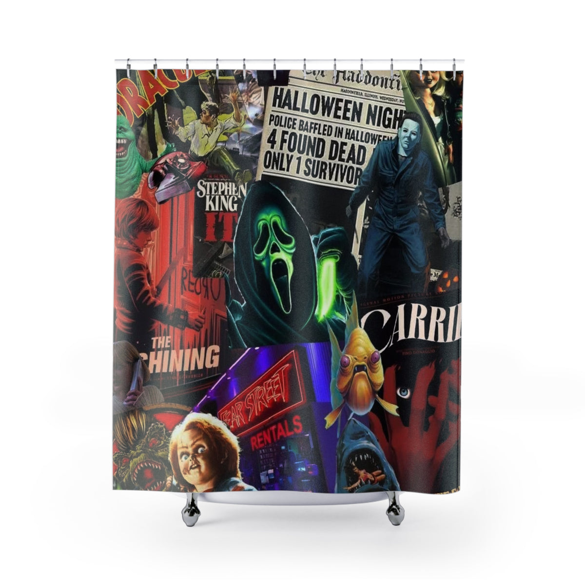 Horror Movie Collage Shower Curtain – Spooky Halloween Bathroom Decor🧡🔪🎃