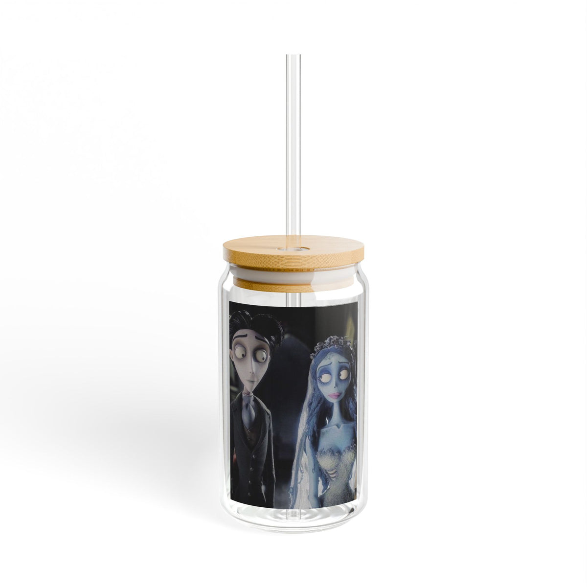 Corpse Bride & Victor Drink Glass 16oz 🖤💙 | Spooky Gothic Aesthetic Glass with Lid & Straw