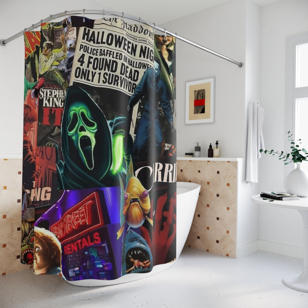 Horror Movie Collage Shower Curtain – Spooky Halloween Bathroom Decor🧡🔪🎃