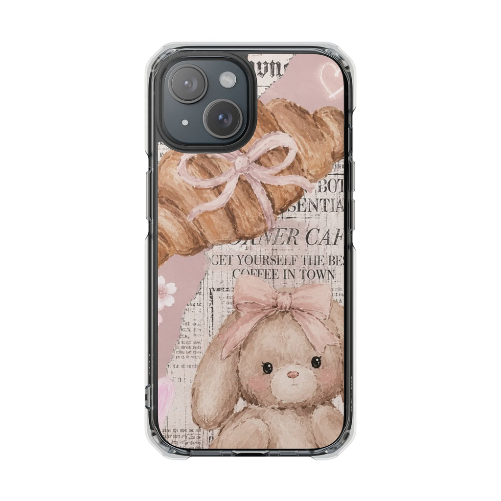 Cute Bunny & Newspaper Collage Phone Case 🎀🦸 | Soft Aesthetic Bow Teddy Bear Cover