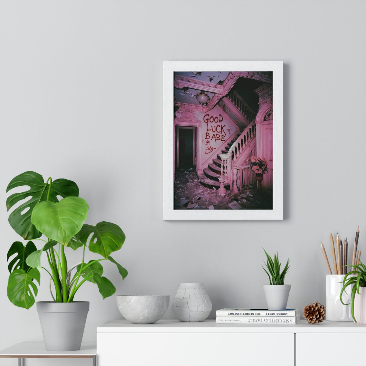 'Good Luck Babe' Pink Abandoned Staircase Framed Art Poster | Moody Aesthetic Wall Art