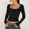 Coquette Lace Trim Bowknot Ribbed Crop Top 🎀 | Y2K Square Neck Long Sleeve Tee