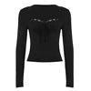 Women Lace Trim Square Neck Long Sleeve Crop Top Slim Fit Tie Front Y2K Sexy Elegant Bodycon Spring Tee Streetwear Daily Wears