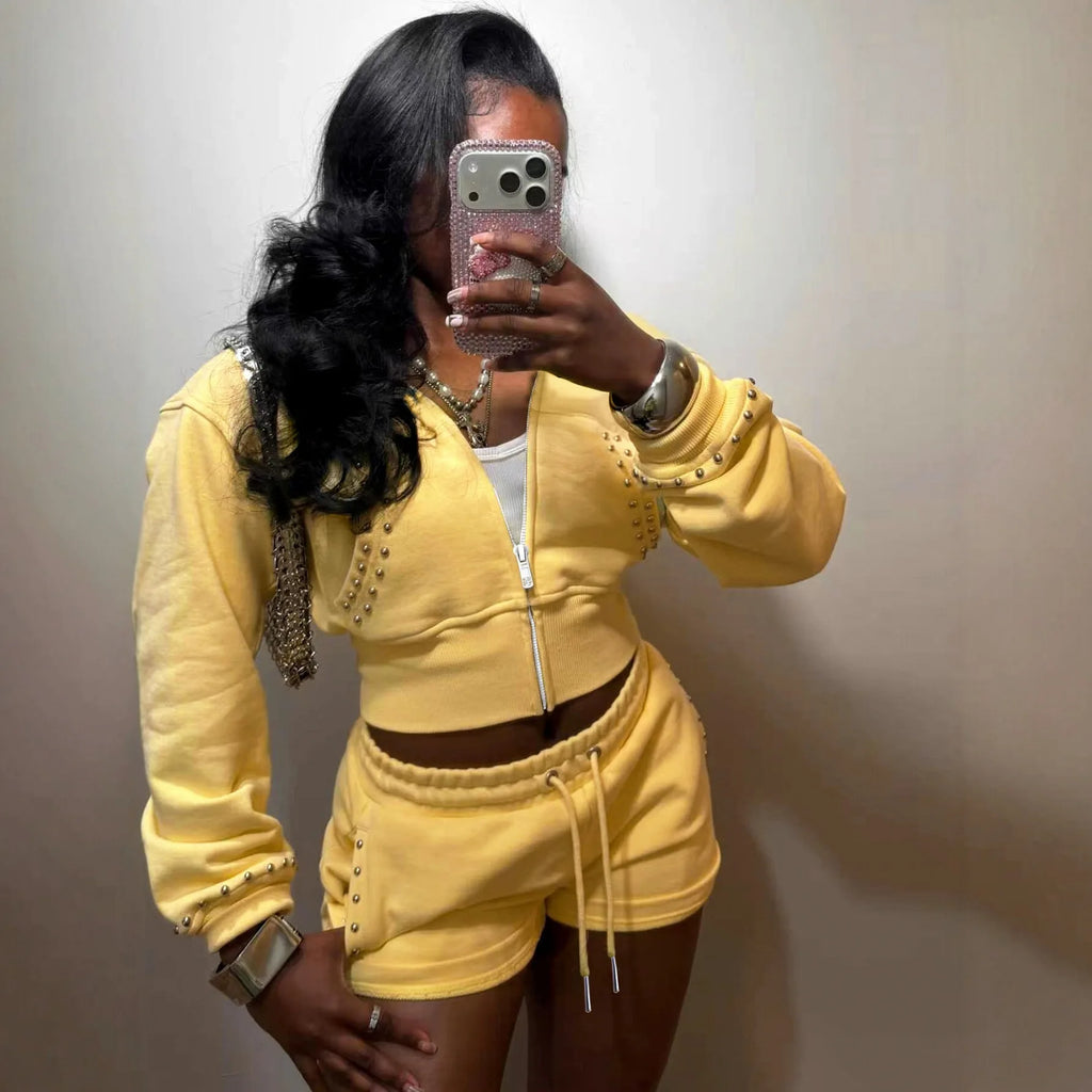 BR6955 Summer Women's Rivet Streetwear 2-Piece Set Long Sleeve Hooded Zip-Up Jacket Drawstring Shorts