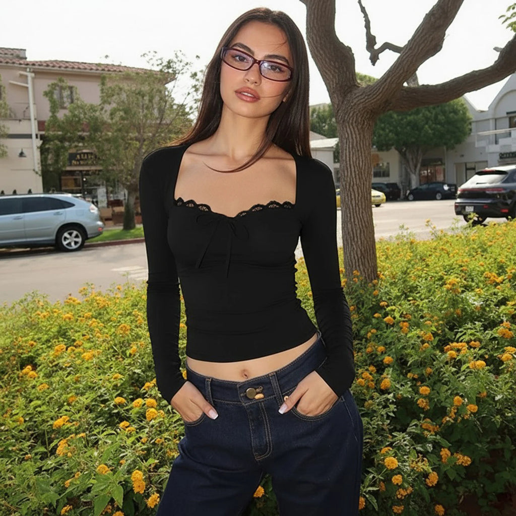 Women Lace Trim Square Neck Long Sleeve Crop Top Slim Fit Tie Front Y2K Sexy Elegant Bodycon Spring Tee Streetwear Daily Wears