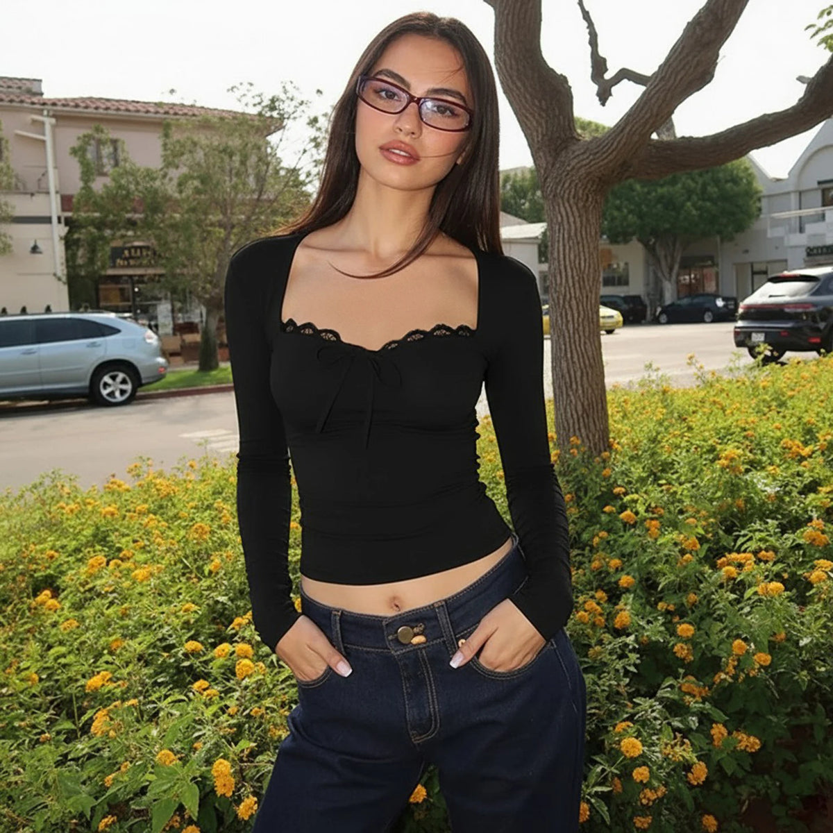 Women Lace Trim Square Neck Long Sleeve Crop Top Slim Fit Tie Front Y2K Sexy Elegant Bodycon Spring Tee Streetwear Daily Wears