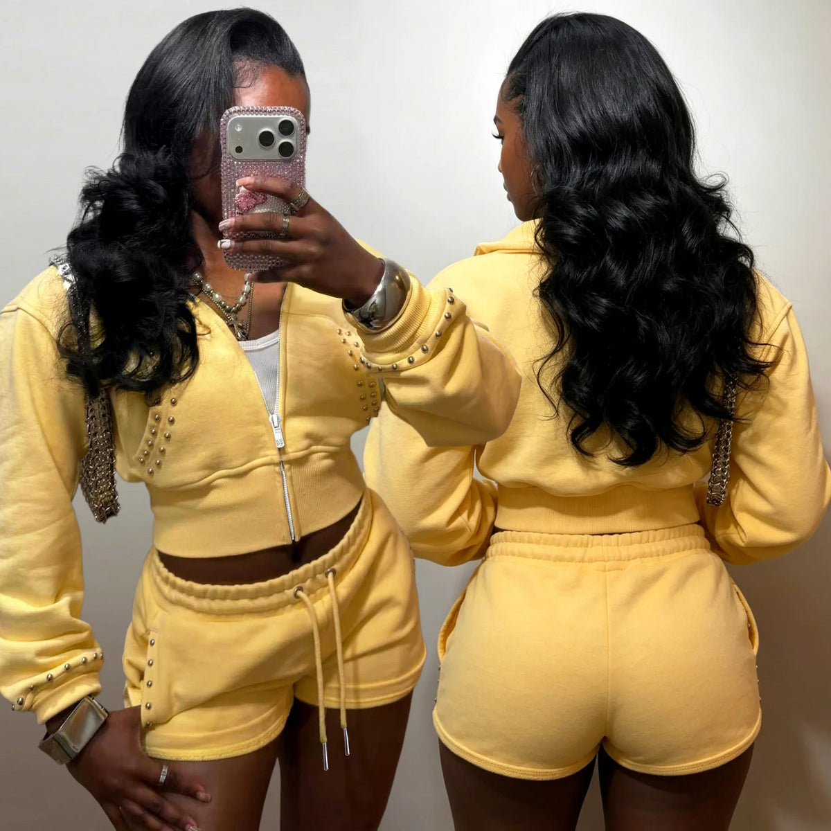 BR6955 Summer Women's Rivet Streetwear 2-Piece Set Long Sleeve Hooded Zip-Up Jacket Drawstring Shorts