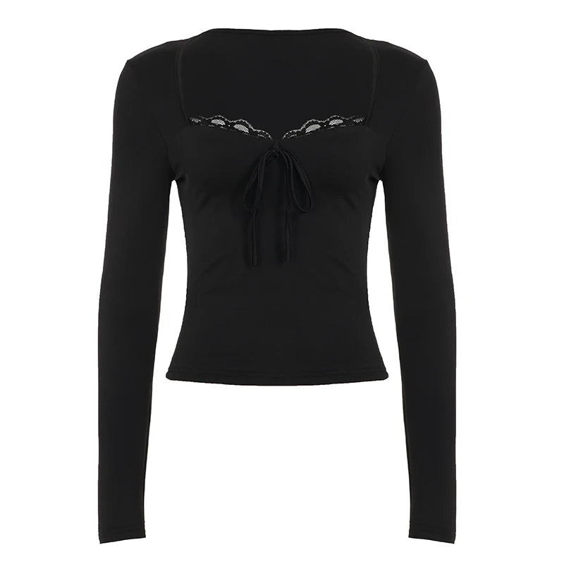 Elegant Solid Color Lace Trimmed Casual Breathable Anti-Wrinkle Loose Square Collar Full Sleeve Knitted Spandex/Polyester Blouse