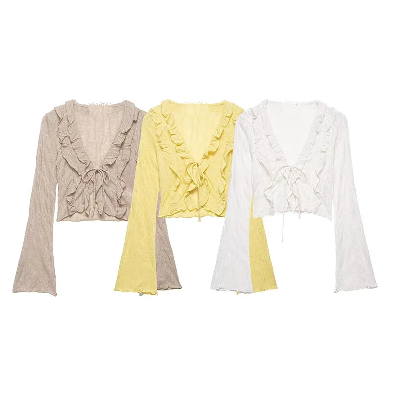 ZATRHMBM Spring/Summer 2026 New Fashionable Bow-Knot Layered Shirt, Retro Long-Sleeved Short Women's Top