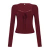 Elegant Solid Color Lace Trimmed Casual Breathable Anti-Wrinkle Loose Square Collar Full Sleeve Knitted Spandex/Polyester Blouse