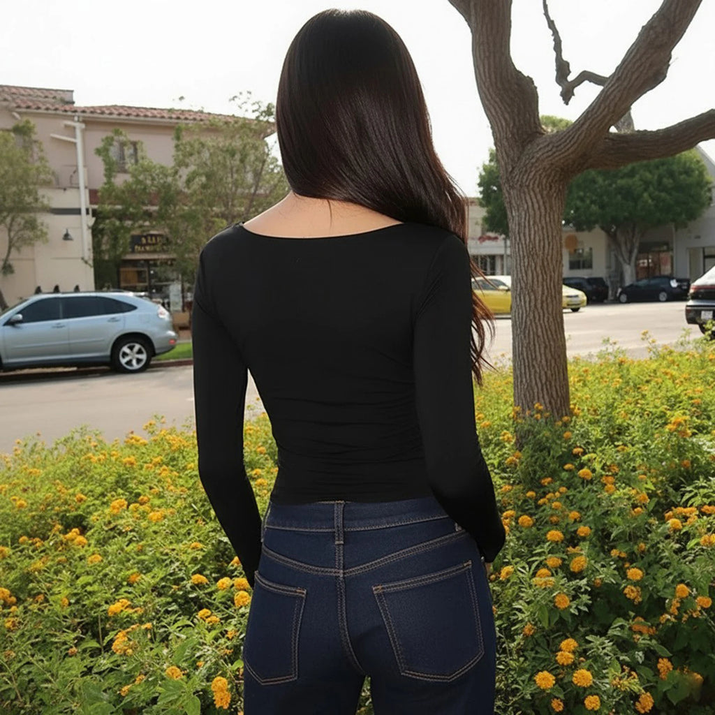 Women Lace Trim Square Neck Long Sleeve Crop Top Slim Fit Tie Front Y2K Sexy Elegant Bodycon Spring Tee Streetwear Daily Wears