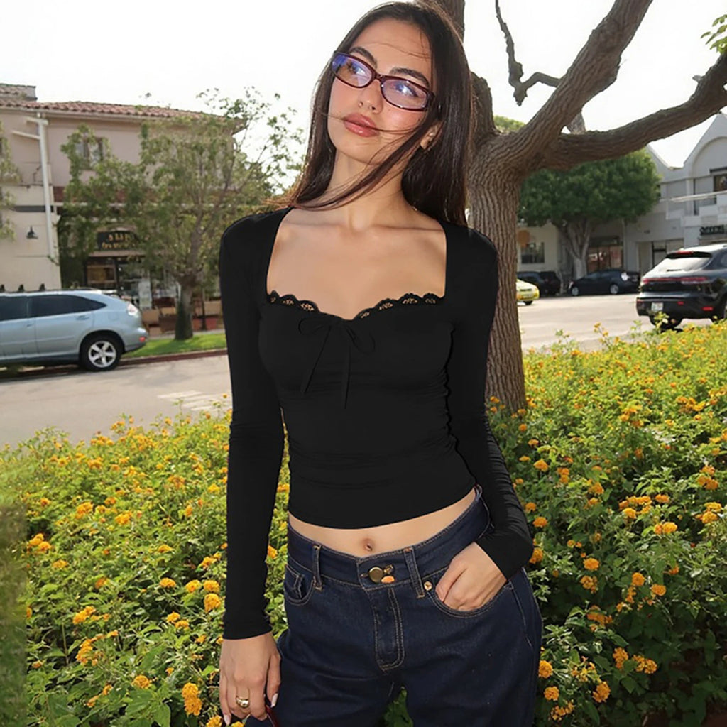 Women Lace Trim Square Neck Long Sleeve Crop Top Slim Fit Tie Front Y2K Sexy Elegant Bodycon Spring Tee Streetwear Daily Wears