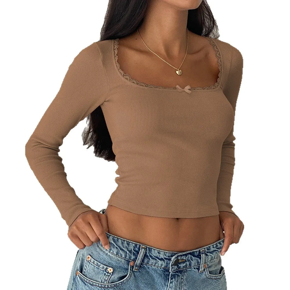 Coquette Lace Trim Bowknot Ribbed Crop Top 🎀 | Y2K Square Neck Long Sleeve Tee