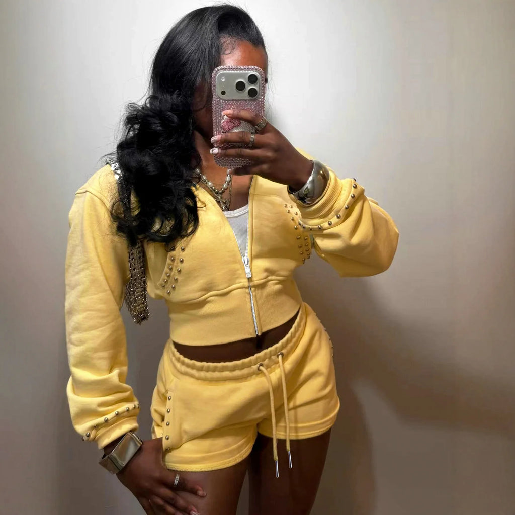 Rivet Zip Jacket & Drawstring Shorts Set 💫 | Women's Y2K Sporty Two-Piece