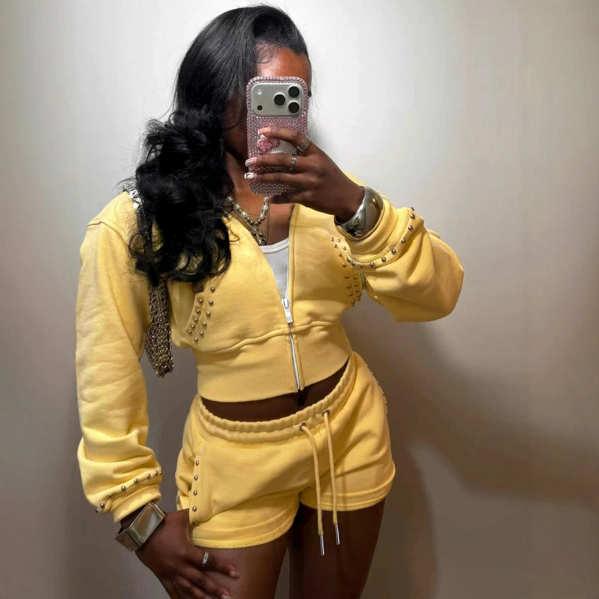 Rivet Zip Jacket & Drawstring Shorts Set 💫 | Women's Y2K Sporty Two-Piece