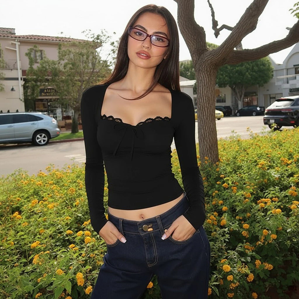 Elegant Solid Color Lace Trimmed Casual Breathable Anti-Wrinkle Loose Square Collar Full Sleeve Knitted Spandex/Polyester Blouse