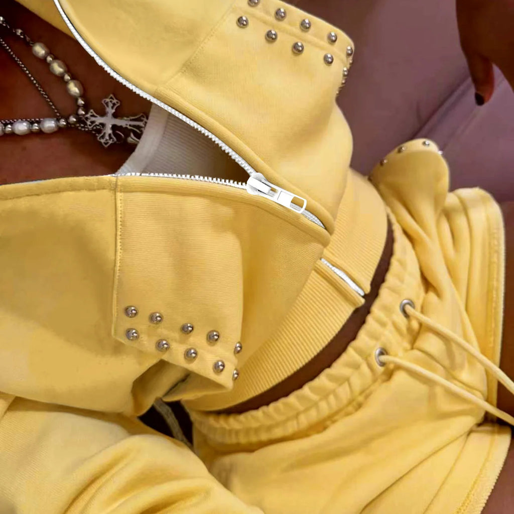 Rivet Zip Jacket & Drawstring Shorts Set 💫 | Women's Y2K Sporty Two-Piece