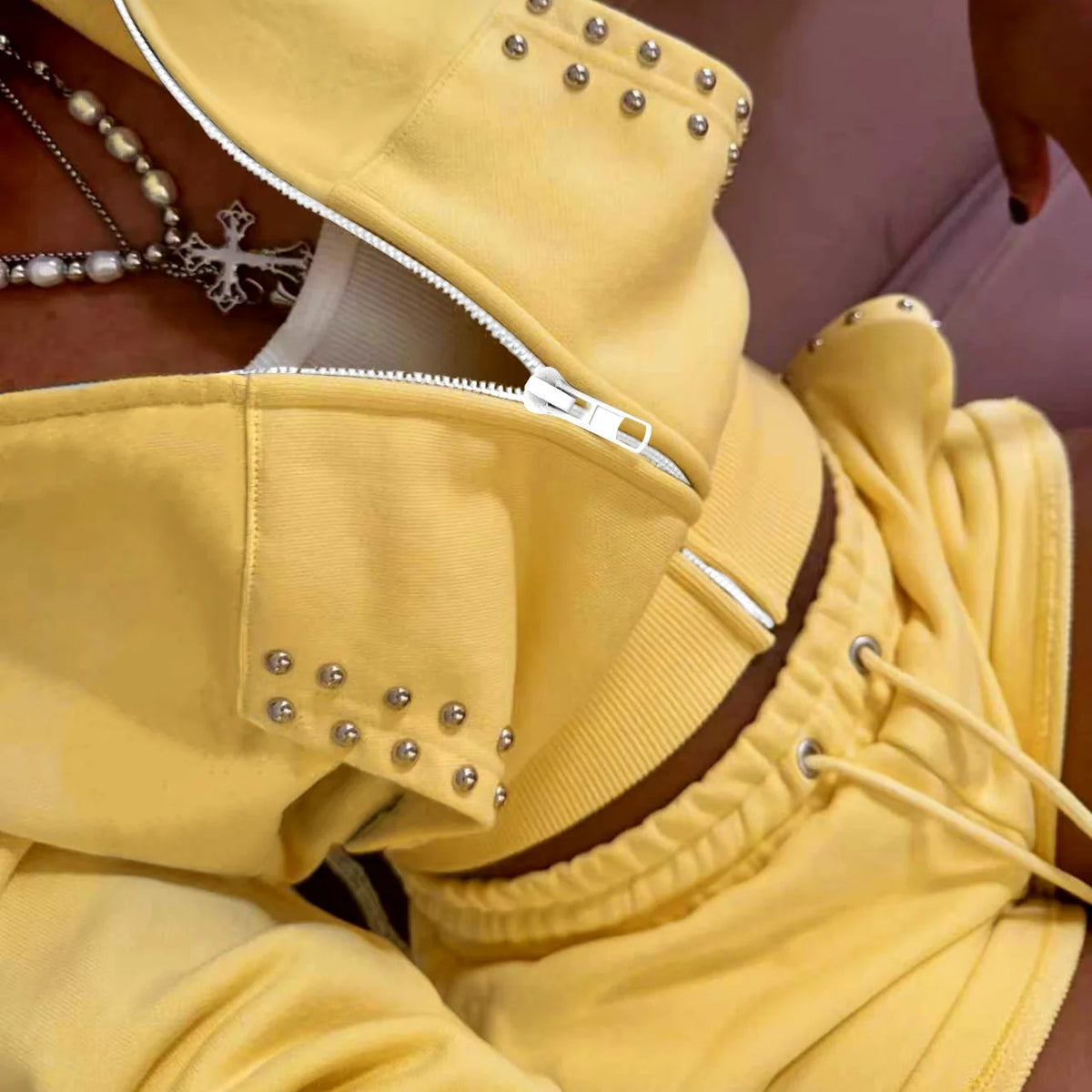 Rivet Zip Jacket & Drawstring Shorts Set 💫 | Women's Y2K Sporty Two-Piece