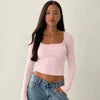 Coquette Lace Trim Bowknot Ribbed Crop Top 🎀 | Y2K Square Neck Long Sleeve Tee
