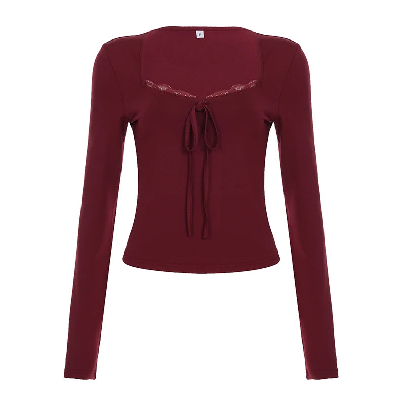 Elegant Solid Color Lace Trimmed Casual Breathable Anti-Wrinkle Loose Square Collar Full Sleeve Knitted Spandex/Polyester Blouse