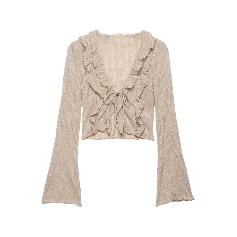 ZATRHMBM Spring/Summer 2026 New Fashionable Bow-Knot Layered Shirt, Retro Long-Sleeved Short Women's Top
