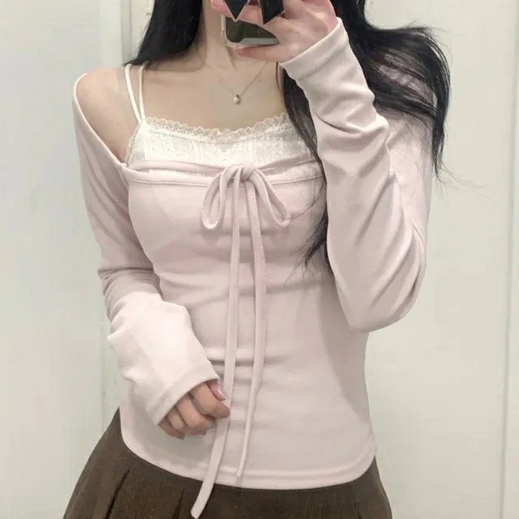 Z-2967 Women's Soft Long Sleeve Crop Top with Lace Front and Shoulder Straps Fashion Casual Wear Wholesale Retail