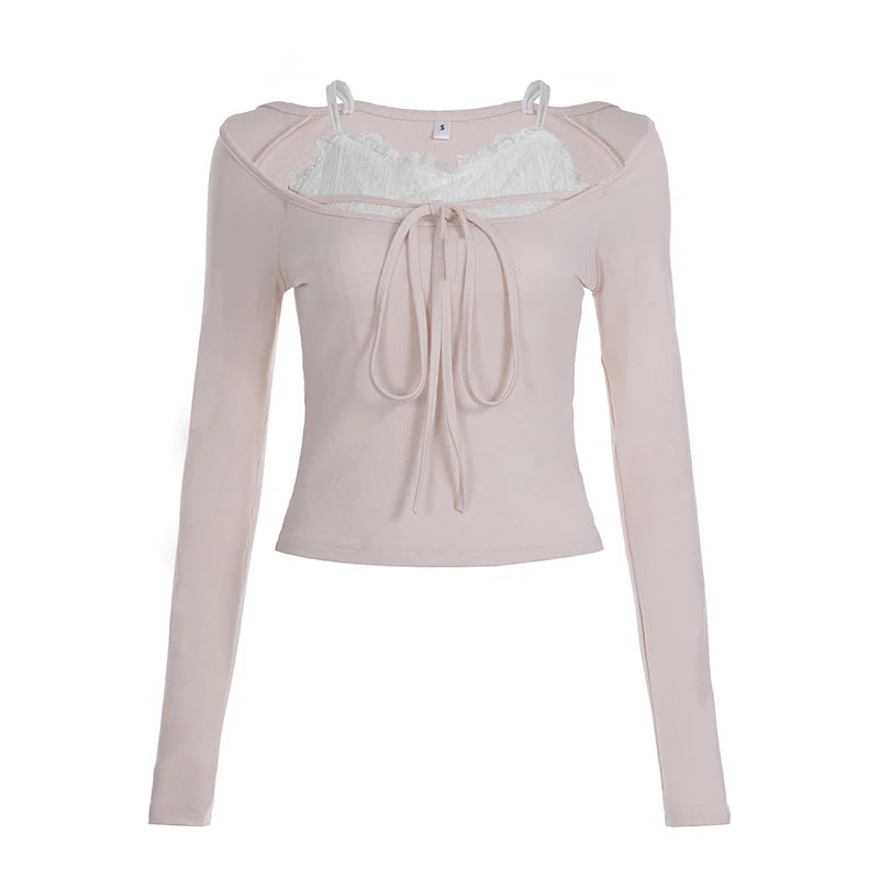 Z-2967 Women's Soft Long Sleeve Crop Top with Lace Front and Shoulder Straps Fashion Casual Wear Wholesale Retail