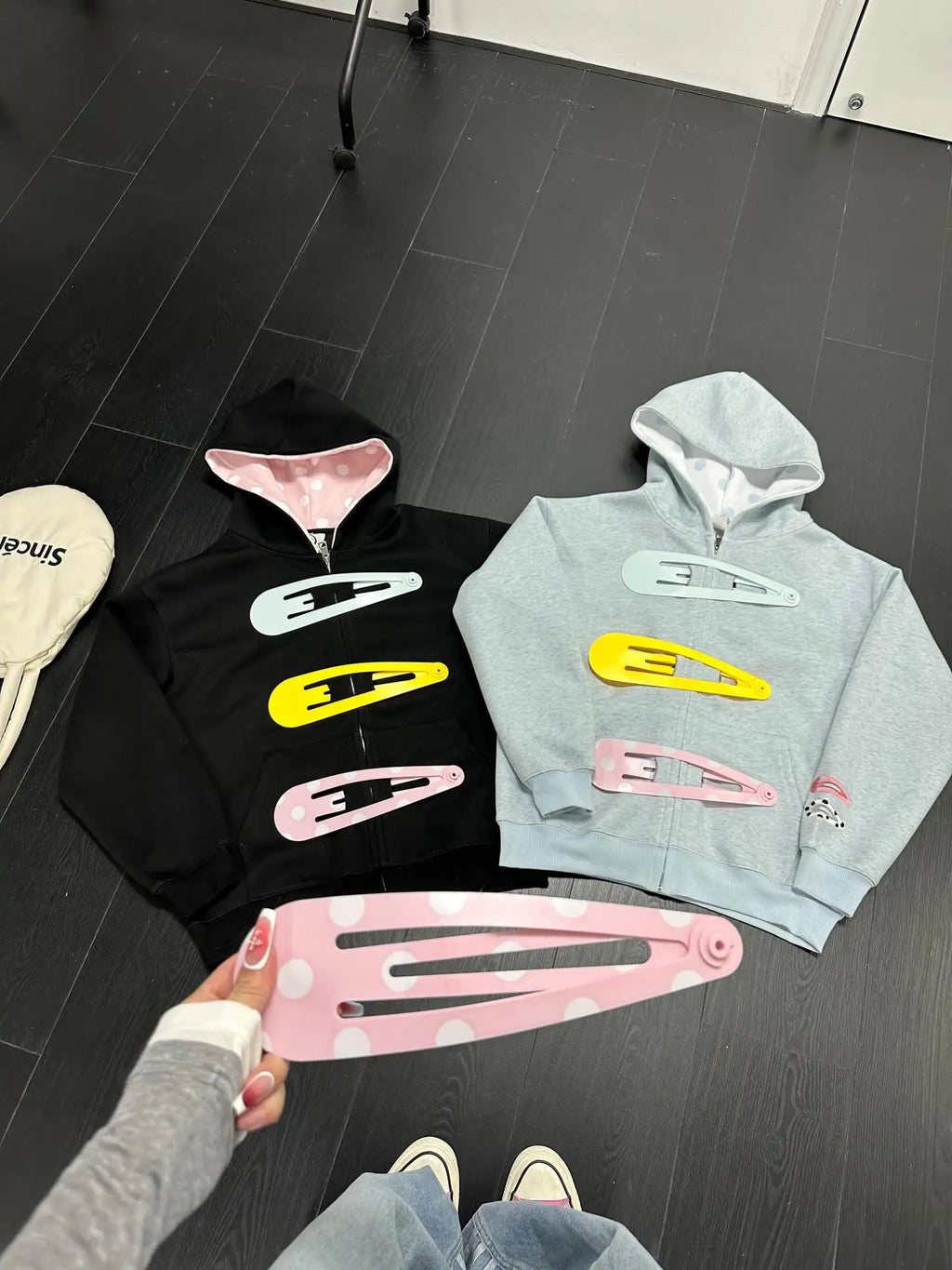 American Fun Detachable Hairpin Sweatshirt Sweet Retro Zipper Jacket Polka Dot Splicing Hooded Sweatshirt Punk Sweatshirt Jacket