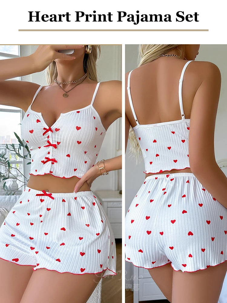 Heart Print Satin Pajama Set 💕🌙 | Women's V-Neck Silk Cami Top & Shorts Sleepwear Loungewear
