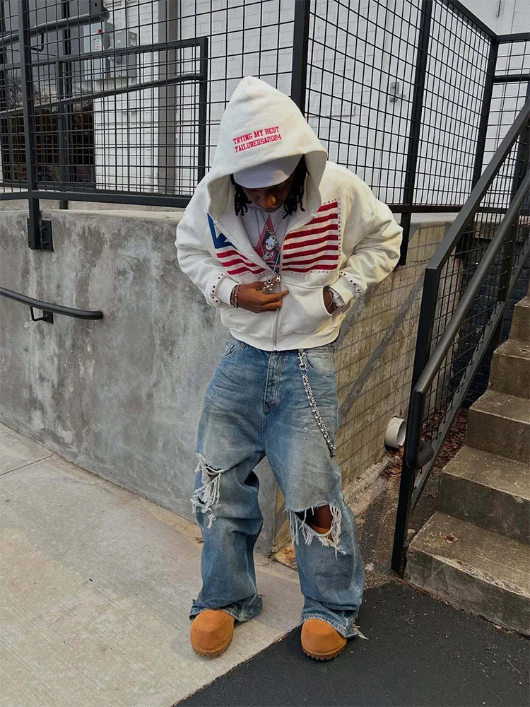 Flag Harajuku Zip-Up Hoodie 🏁✨ | Y2K Loose Color Block Men's Sweatshirt