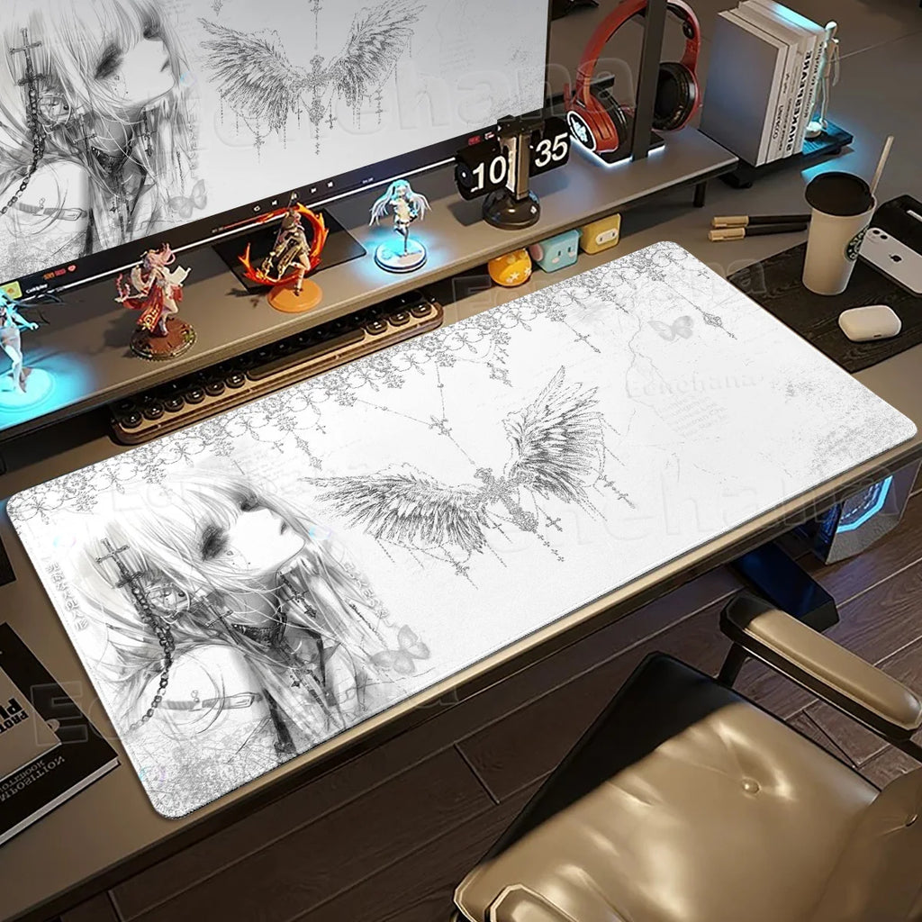 Angel Anime Large Gaming Mouse Pad 👼✨ | Black & White Extended PC Desk Mat for Gaming & Office