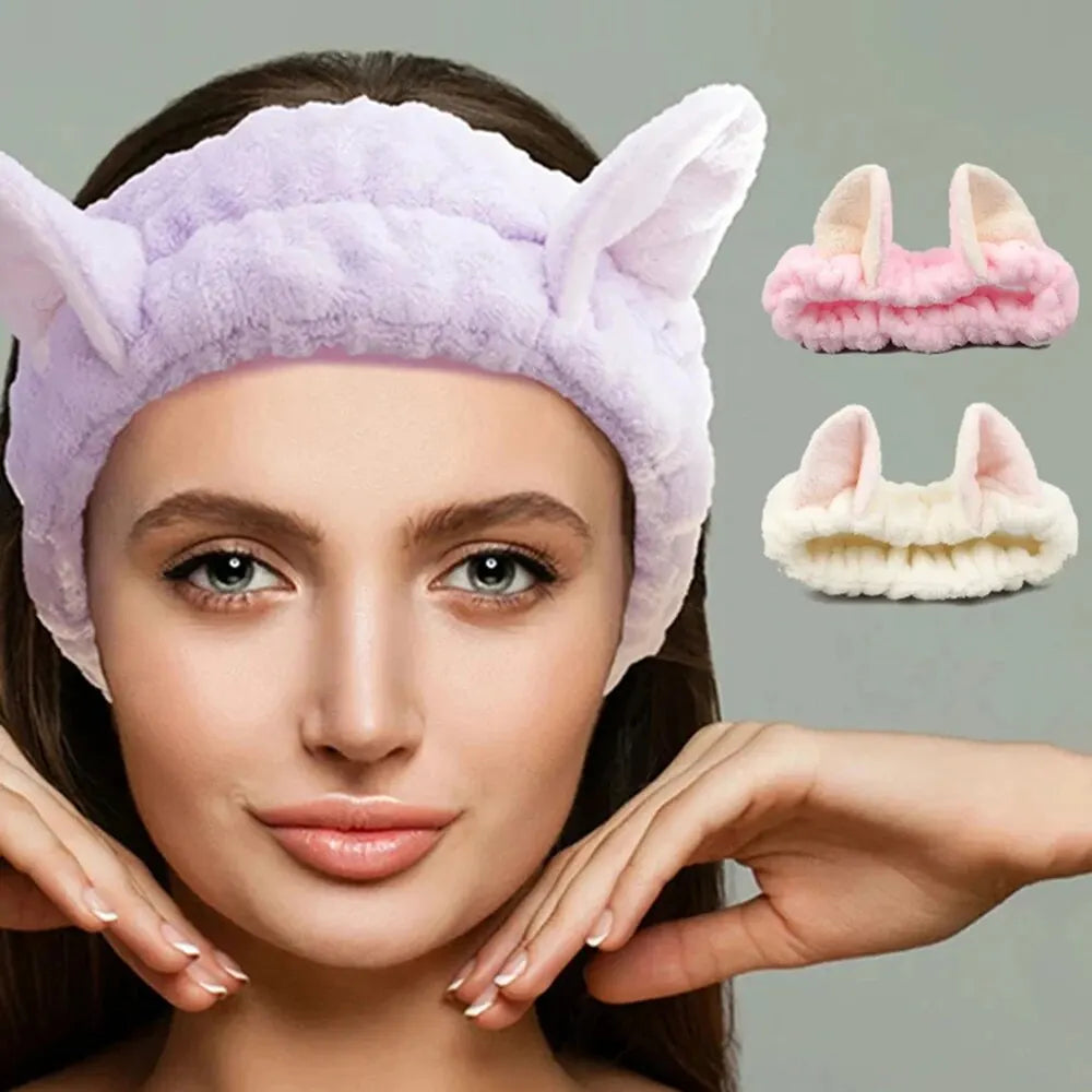 Cat Ear Plush Headband 🐱✨ | Cute Soft Coral Hair Bow Band for Women & Girls