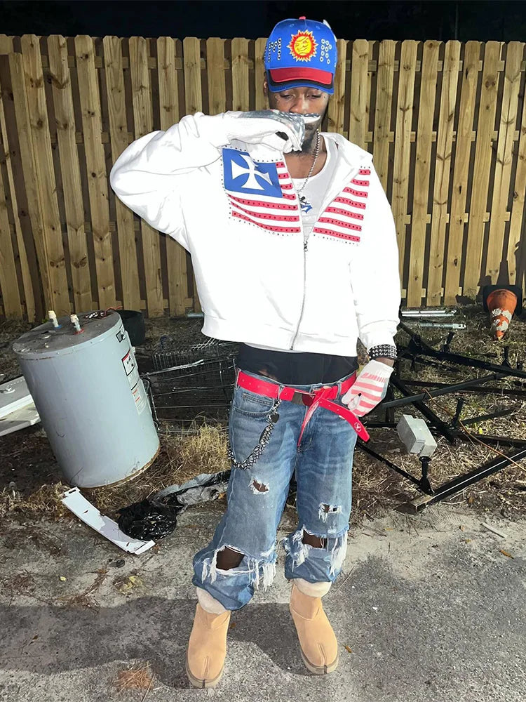 Flag Harajuku Zip-Up Hoodie 🏁✨ | Y2K Loose Color Block Men's Sweatshirt