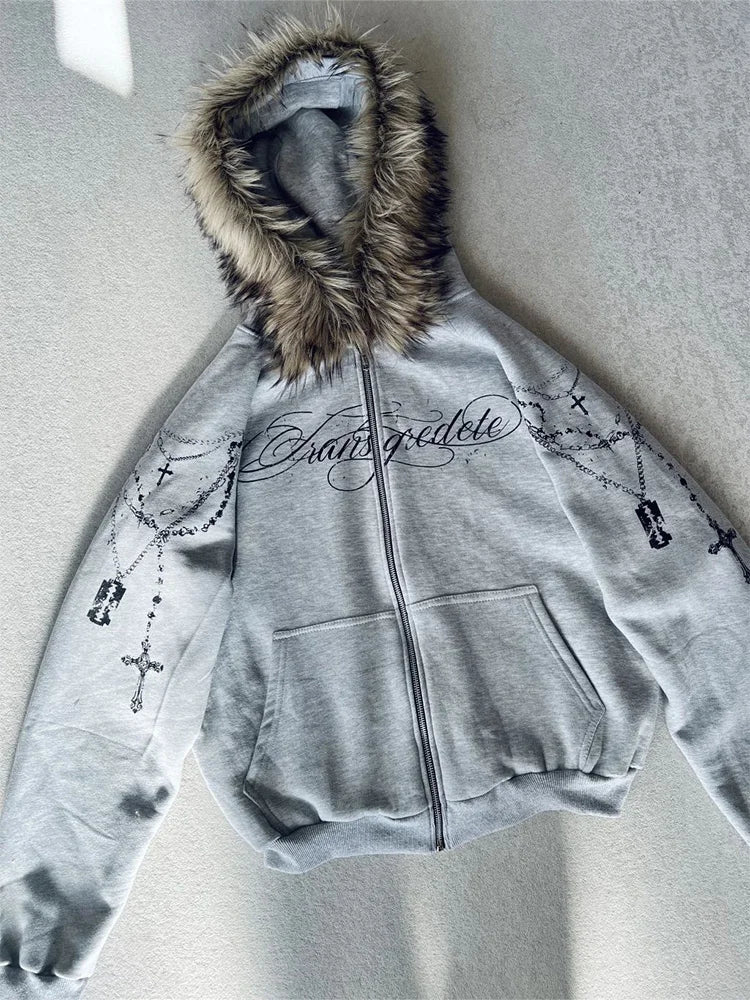Winter Fashion Streetwear Women's Gothic Punk Faux Fur Hooded Jacket