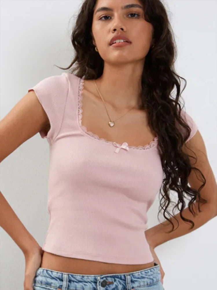 Y2K Milkmaid Lace Trim Crop Tee 🦸 | Square Neck Knit Baby Tee for Women