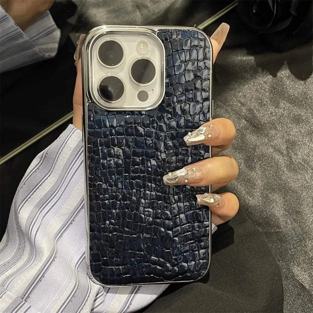 Luxury Glossy Crocodile Pattern Case For iPhone 18 17 Air 16 15 14 13 12 Pro Max Plus Plating Cool Armor Shockproof Bright Cover