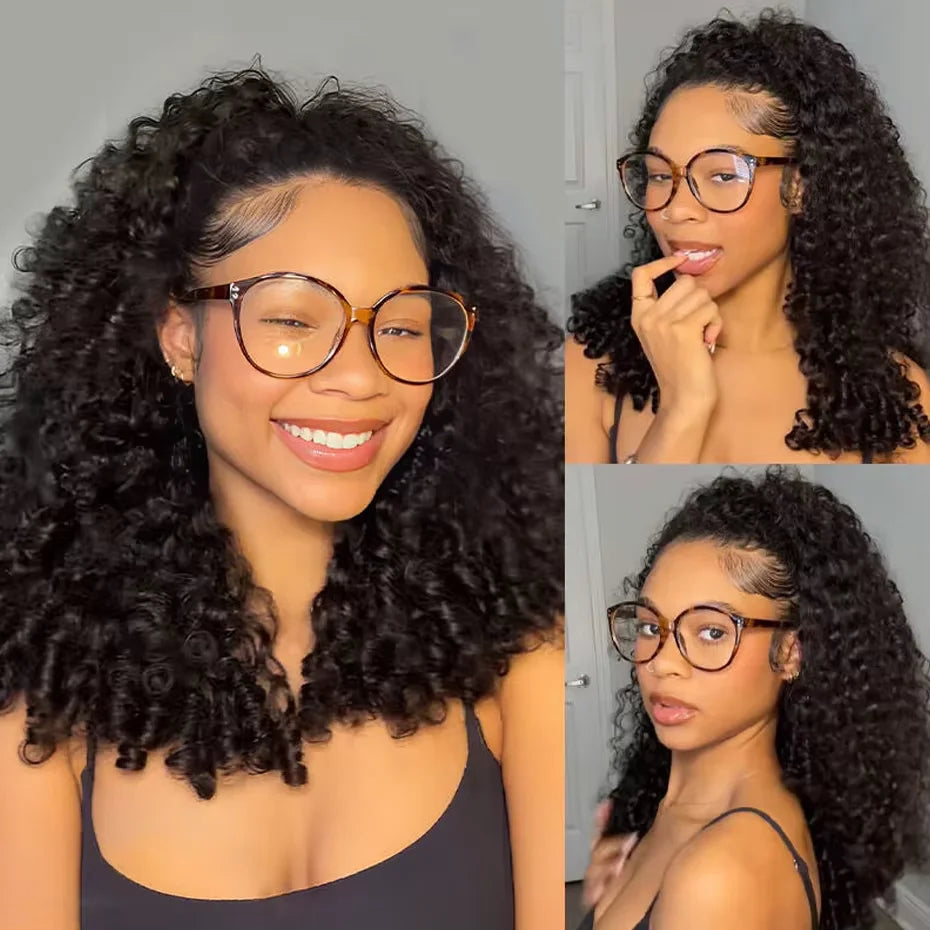 32 Inch Natural Black Curly Brazilian Remy Human Hair 3 In 1 Half Wig 200% Density No Leave Out Full Machine Made Seamless Clips Adjustable Drawstring Soft Bouncy Minimal Shedding Heat Resistant Wigs For Black Women