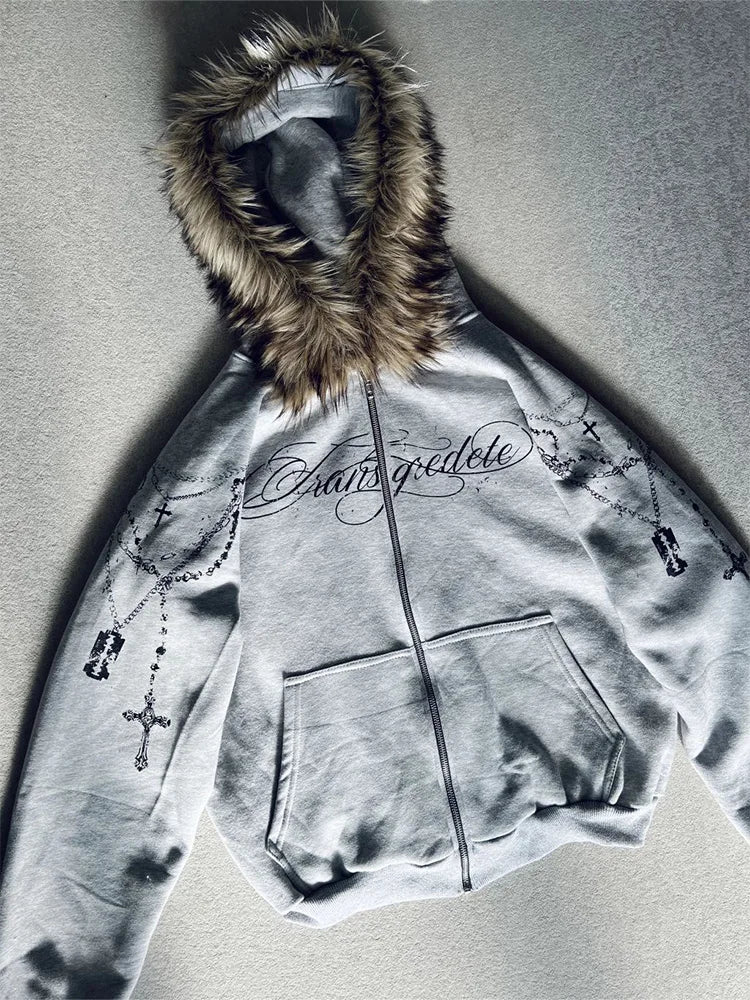 Winter Fashion Streetwear Women's Gothic Punk Faux Fur Hooded Jacket