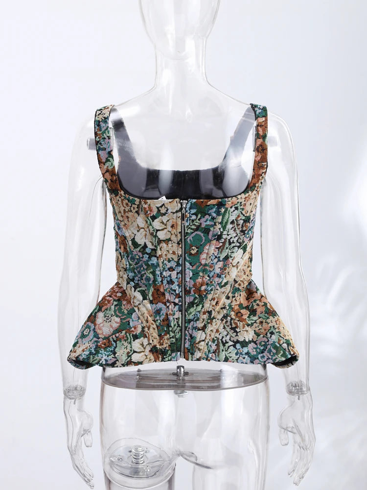 Sexy Print Sling Fishbone Corsets Women Backless Zipper Sleeveless Slim Tops Female 2026 Summer New Chic Evening Party Tanks