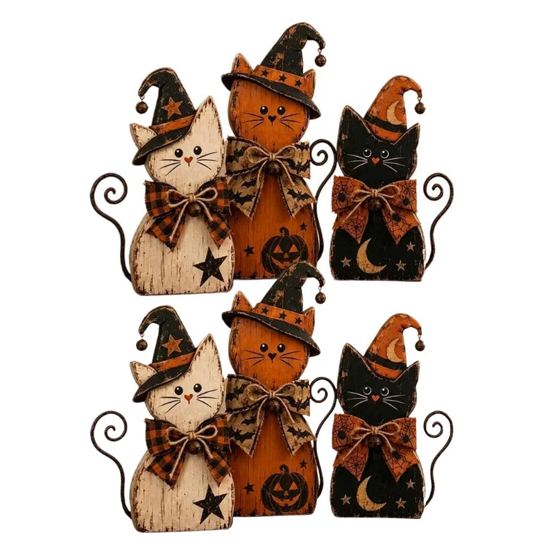 Halloween Wooden Ornaments Pumpkin Ghost Black Cat Halloween Decor Witch Hat Distressed Wood Figurine Tabletop Holiday Ornament