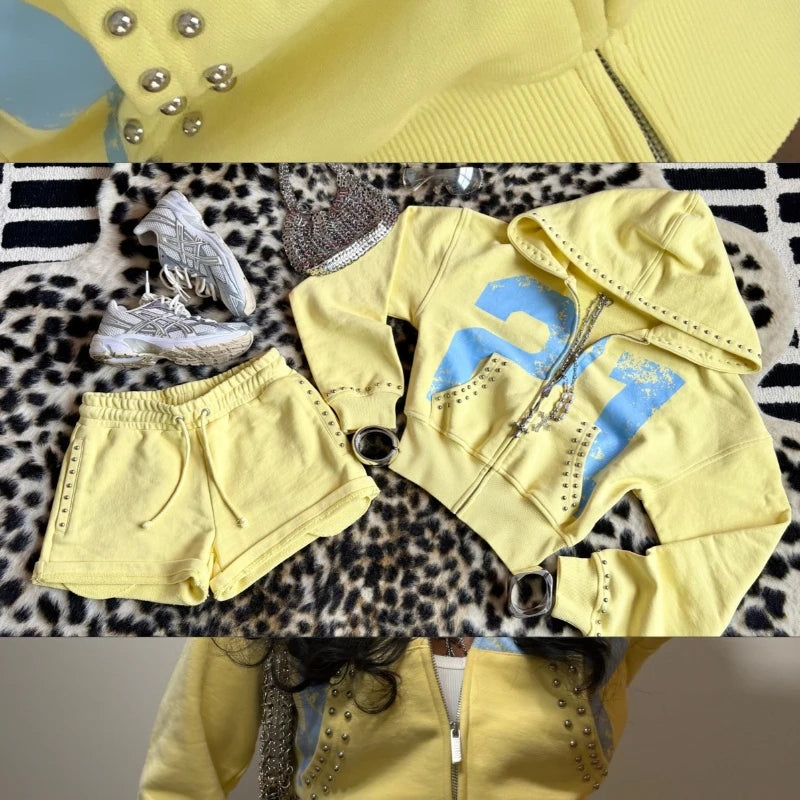 Y2K Graphic Hoodie & Shorts Co-ord Set 💫 | Women's Athletic Sweat Set