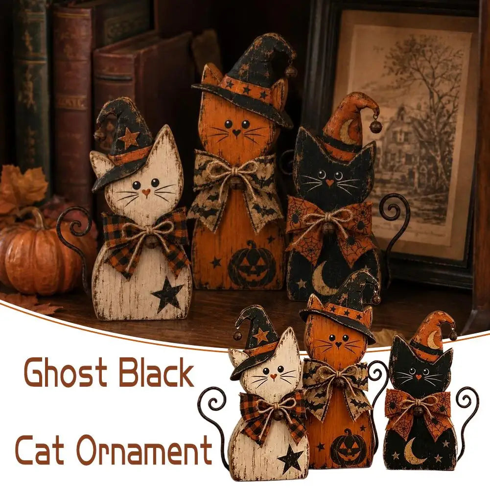 Halloween Wooden Ornaments Pumpkin Ghost Black Cat Halloween Decor Witch Hat Distressed Wood Figurine Tabletop Holiday Ornament