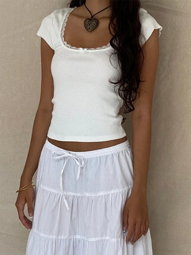 Y2K Milkmaid Lace Trim Crop Tee 🦸 | Square Neck Knit Baby Tee for Women